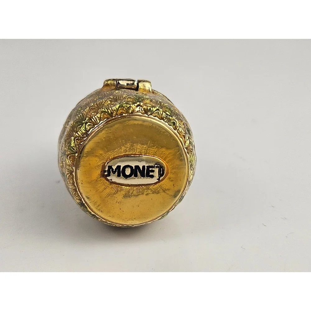 Monet Enameled Pineapple Keepsake Pill Trinket Box Gold Tone